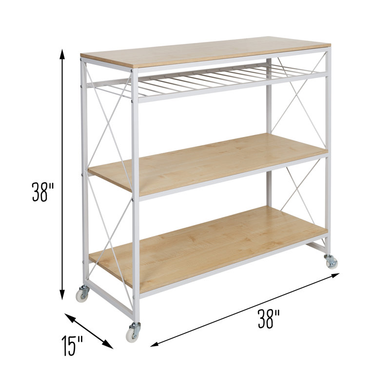 White and Oak Rolling Kitchen Cart with Wine Rack and Storage