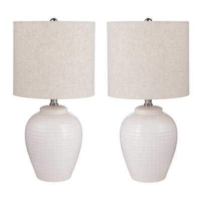 Lampes de table en céramique crème avec abat-jour en lin beige