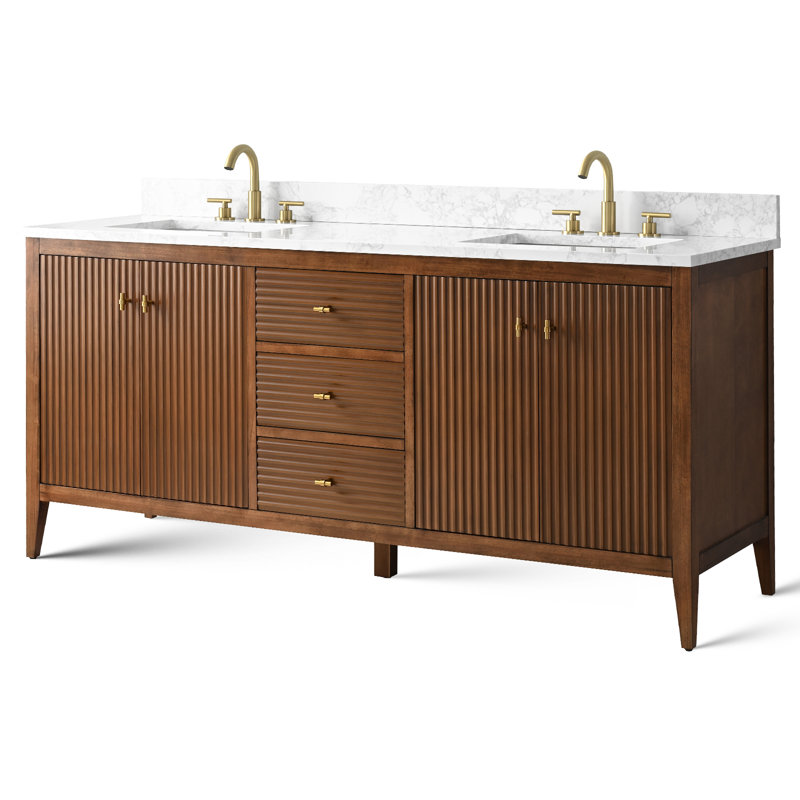 Meuble-lavabo double 72 po avec plateau en marbre, Noyer linéaire, Doré brossé