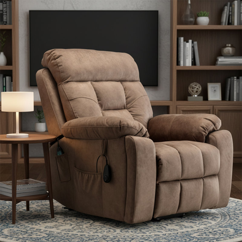 Fauteuil inclinable classique en velours avec poches de rangement et porte-gobelets cachés, Brun