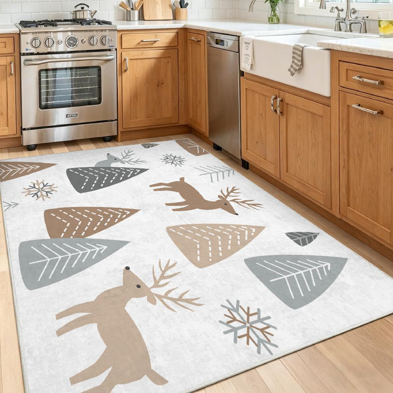 Tapis d'intérieur blanc à motif de renne lavable à la machine avec motif cerf, Rectangle 55 po x 79 po