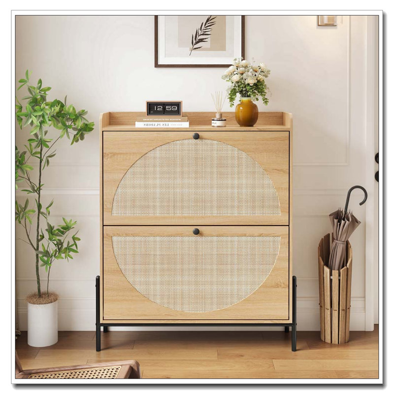 2-Drawer Wooden Shoe Cabinet with Rattan Doors, Bouguer Walnut