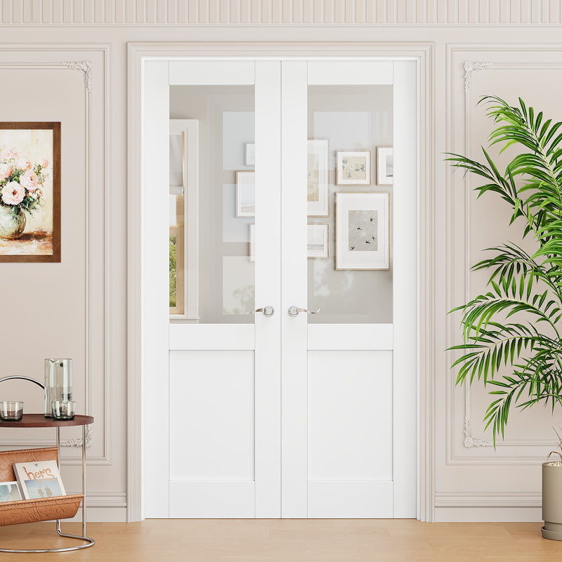 Porte intérieure semi-vitrée en verre clair, portes françaises en MDF CARB P2 et verre trempé SGCC, quincaillerie en nickel satiné - poignée de porte avec serrure, loquet et charnières, préfinie et imperméable, garde-manger, chambre, salle de bain et placard, teinture facile à faire soi-même, 122 cm x 203 cm