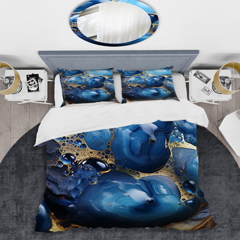Ensemble de housse de couette abstrait doré et saphir bleu marbré I, Housse de couette pour lit simple