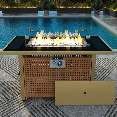Table de feu d'extérieur 60000, 43 po rectangulaire avec tissage ouvert, pare-vent en verre pour la cour de la terrasse de jardin - garde de table jaune moutarde orange, propane, et