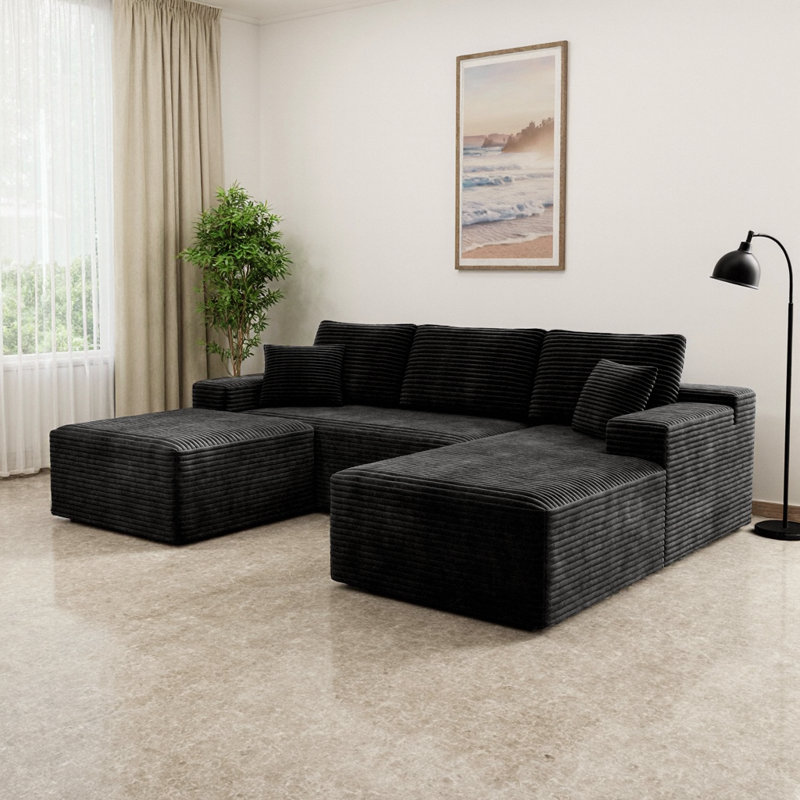 Élégant canapé modulaire 3 pièces en velours côtelé noir moelleux - aucun assemblage requis, confort pour 5 personnes