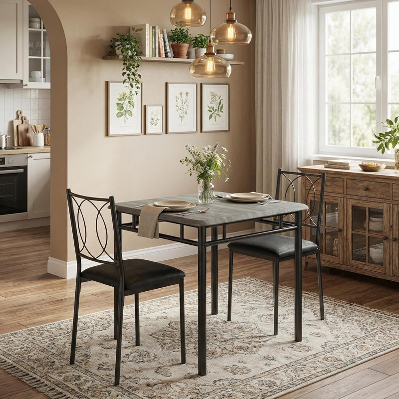 Farmhouse Dining Table Set For 2, Wood Table With Upholstered Chairs, Space-Saving, Gray, Gray