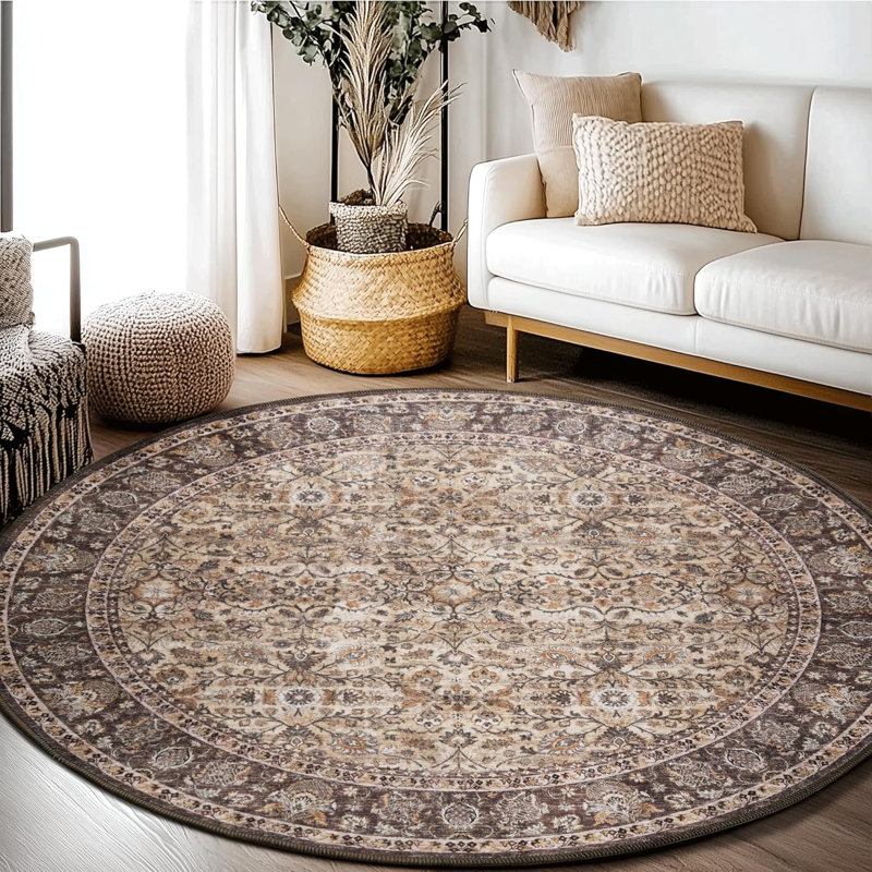 Washable Large Round Rug 8ft for Living Room, Washable Vintage Accent