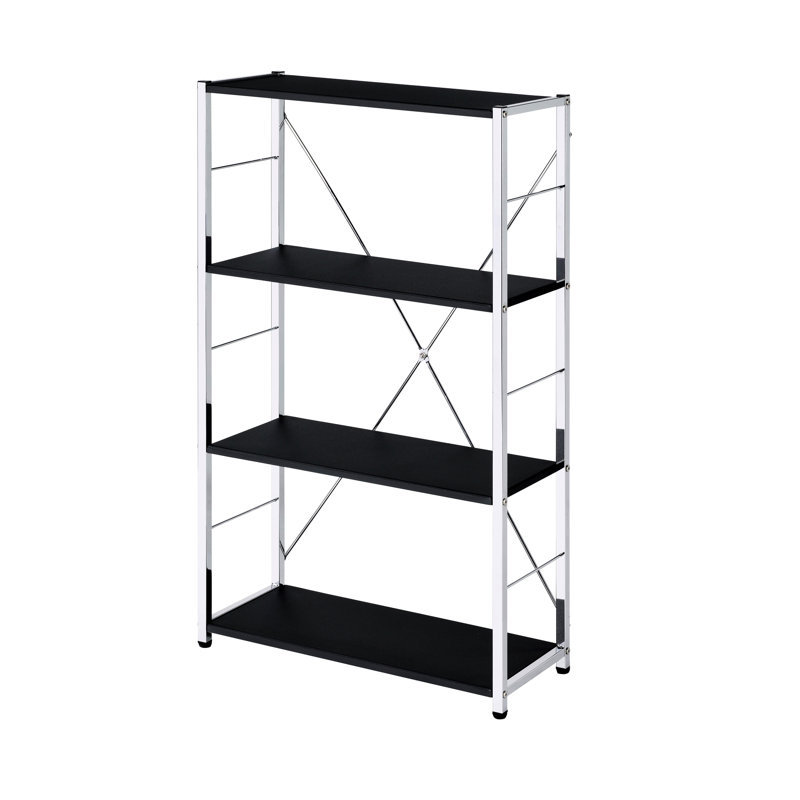 Black & 4 Tier Shelf Bookcase With Metal Frame And Support Construction Composite Units, Black/Chrome