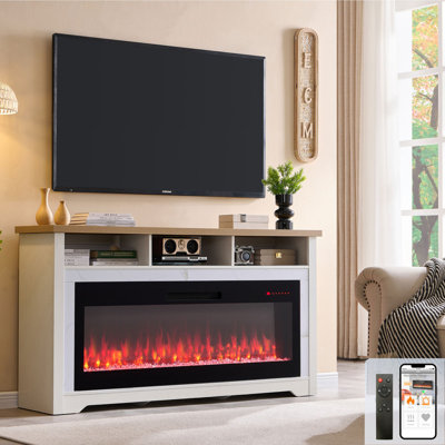 Fireplace TV Stand for 70" TVs, Entertainment Center w/50 Inch Fireplace, WiFi Enabled, APP/Voice Control, Simulated Marble Surrounded, Open Shelves S by Lark Manor