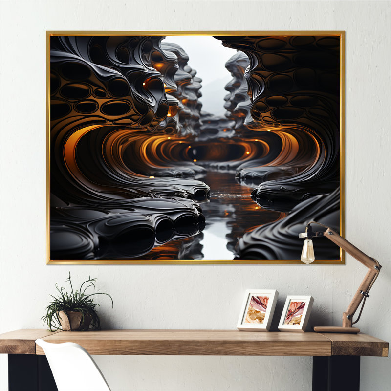 Impression sur toile, horizon industriel en onyx, H 24 po x l 32 po x P 1 po, Cadre flottant doré