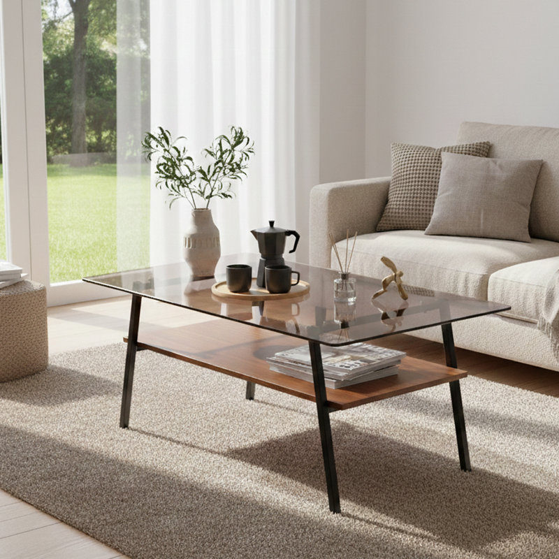 Table basse moderne en verre rectangulaire avec tablette en bois et structure en métal, table de salon moderne, Brun