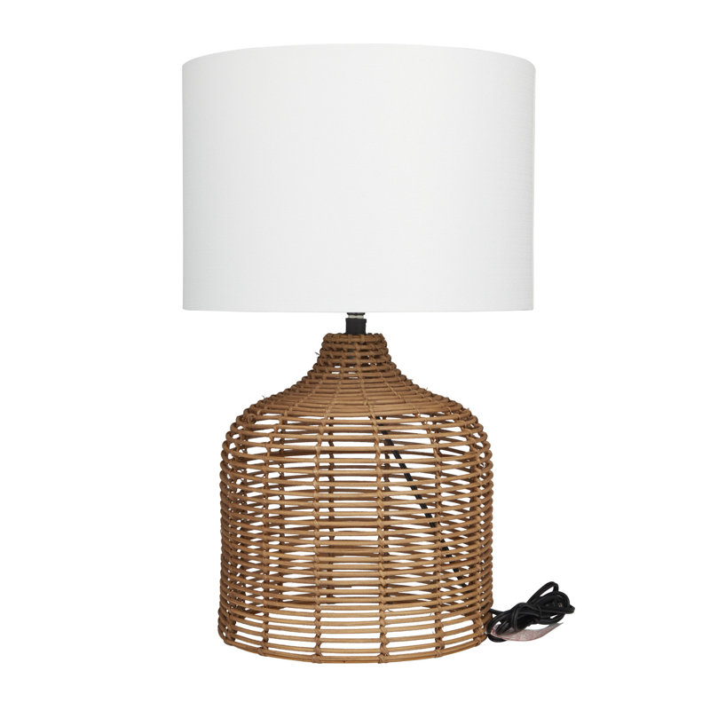 Lampe de table en rotin tissée à la main avec abat-jour tambour, White, Texturé