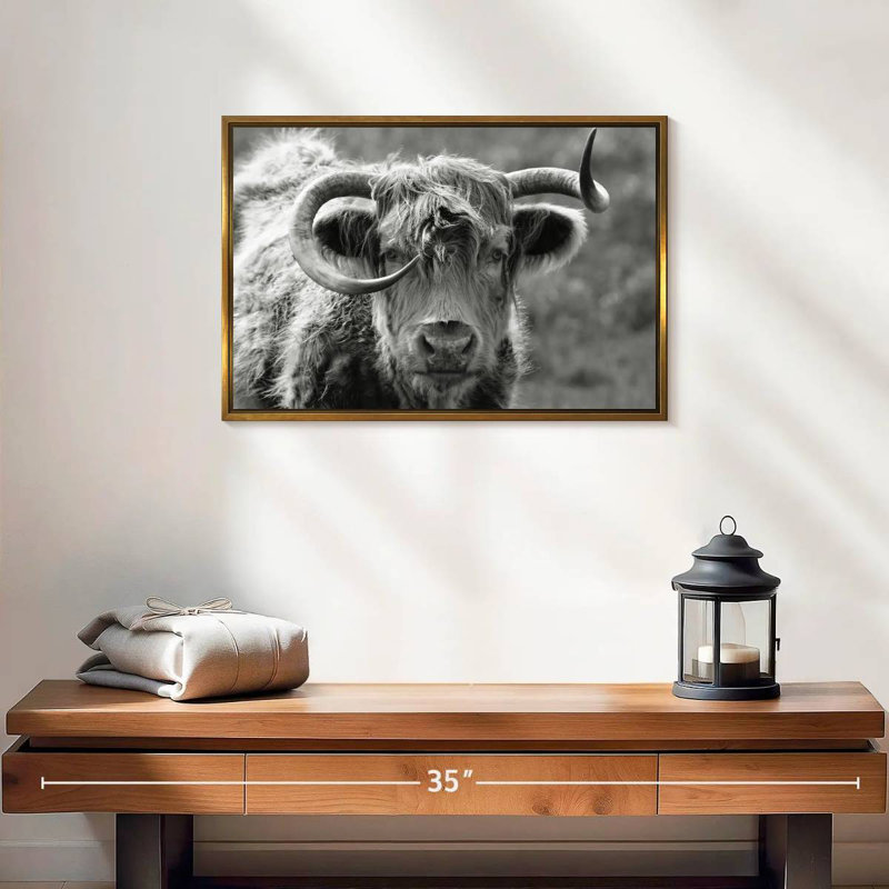 Monochrome Highland Cow, 19" X 13", Floating Frame Gold