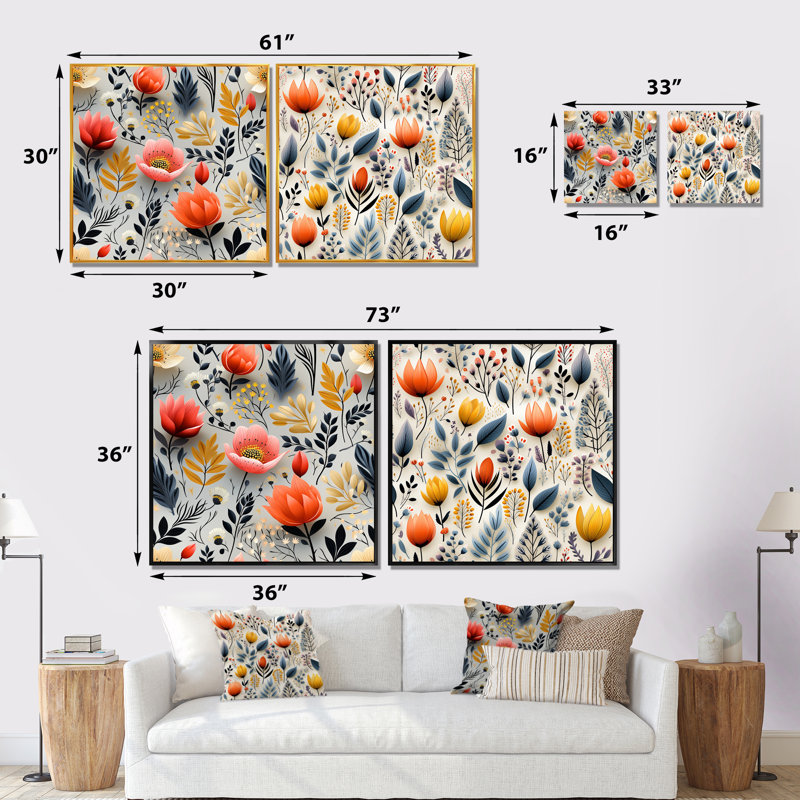 Ledonne - Floral Wall Decor Set Of 2, Wrapped Canvas, 16" H x 33" W x 1" D