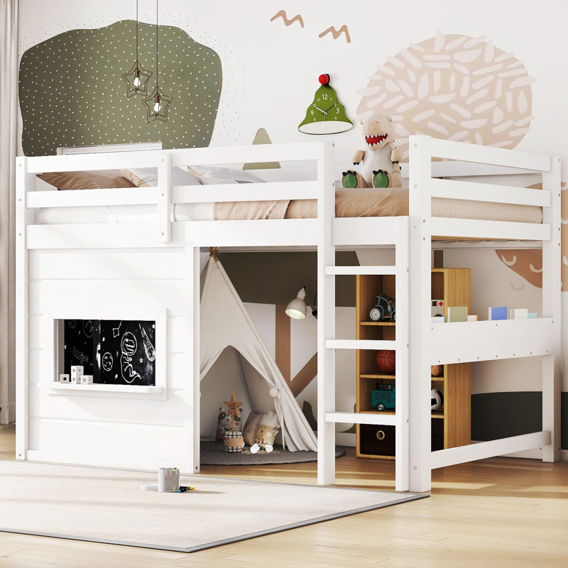 Twin-Size Loft Bed with Sliding Chalkboard, Built-in Bookshelf & Safe Guardrails for Kids, White, Twin, White