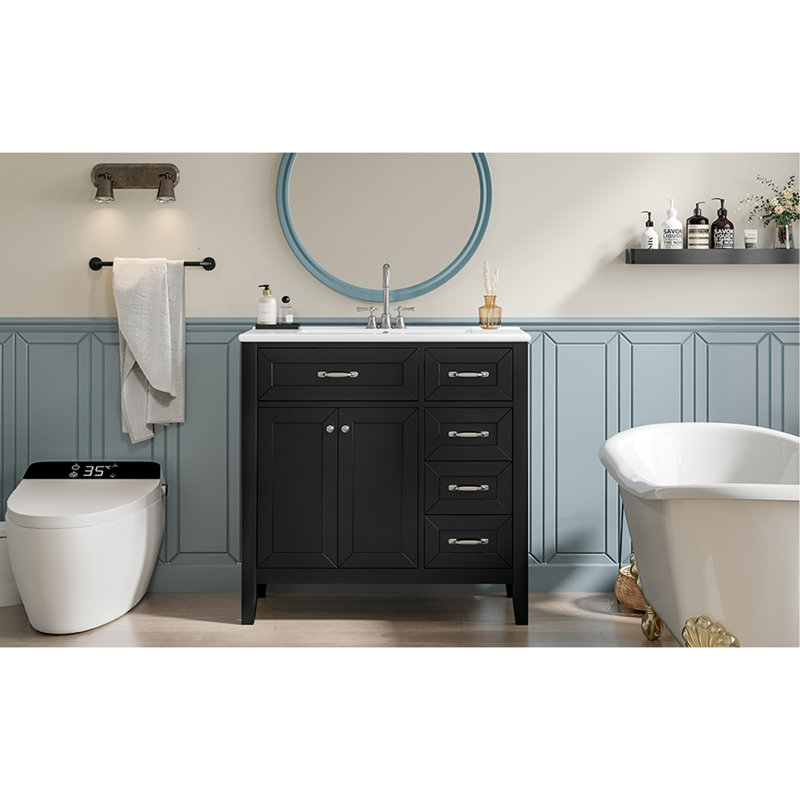 Ensemble de meuble-lavabo 36 po avec lavabo, armoire de salle de bain noire avec tiroirs, structure solide et panneau de fibres à densité moyenne