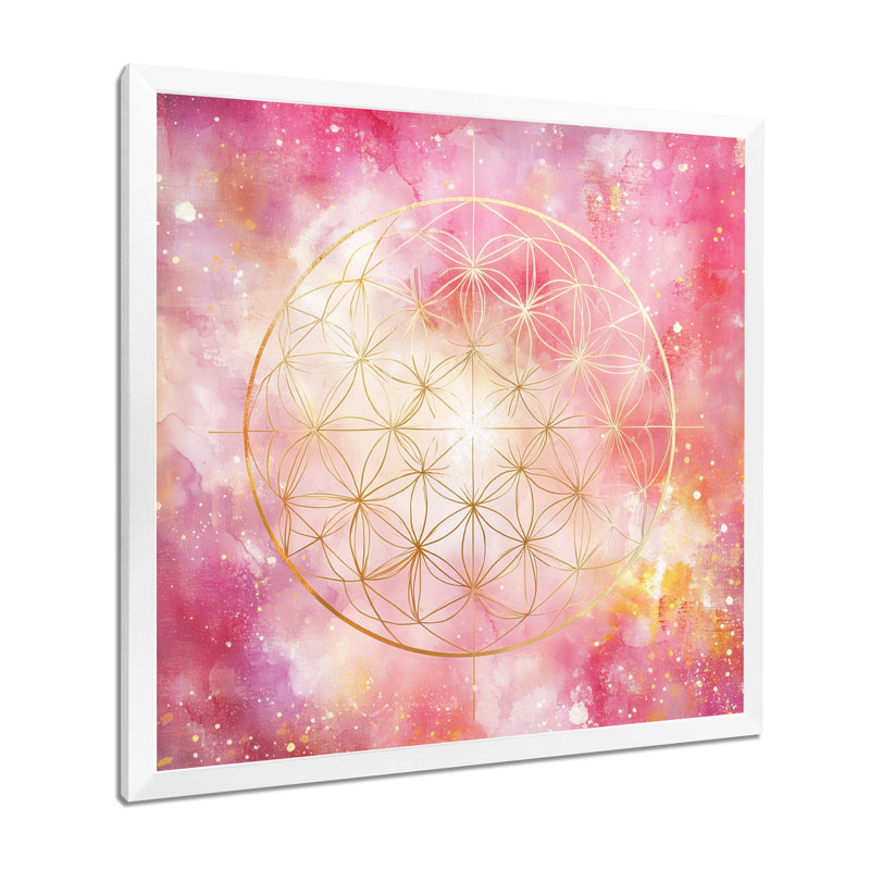 Mandala rose doré rose - Boho Glam Bloom II - Art mural encadré, H 24 po x l 24 po, Cadre photo blanc