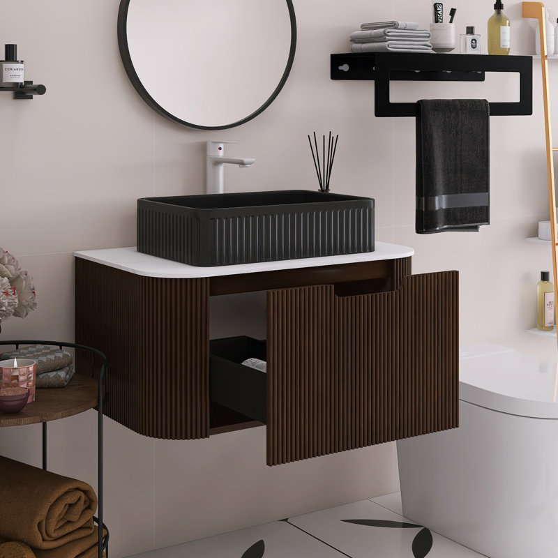 Meuble-lavabo mural de 30 po avec bords arrondis et conception rayée, armoire de rangement avec tiroir, lavabos rectangulaires en céramique noire.