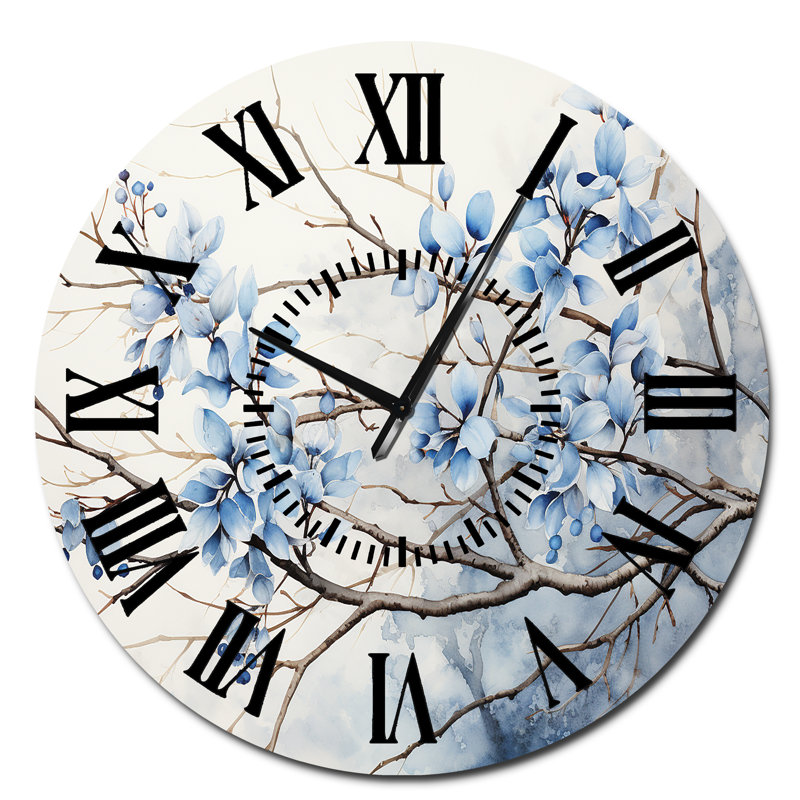 Horloge murale bleue et grise avec feuilles sur une branche, Surdimensionné