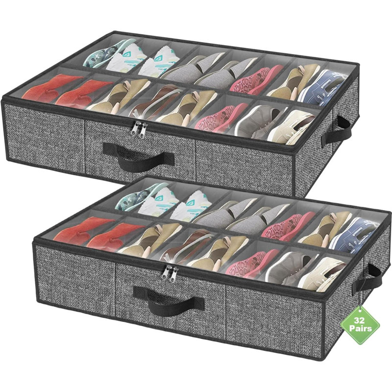 32 Pairs Shoe Organizer Under Bed, Underbed Shoe Storage Boxes Bins, Organizador De Zapatos, Zapateras Organizer, Black, Set Of 2
