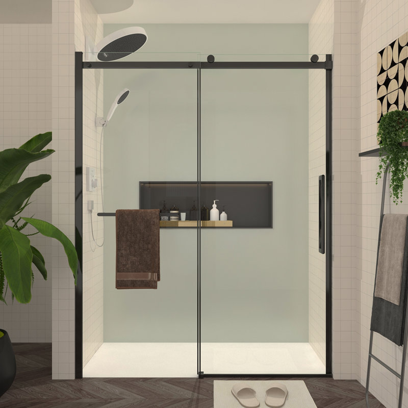 60"W X 76"H Sliding Shower Door, 8Mm Frameless Glass Shower Door With Matte Black Hardware, Towel Bar And Handle,Drop Shipping Available