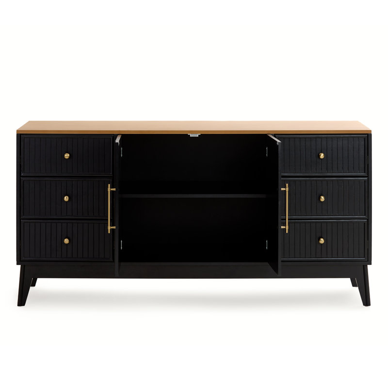 60-Inch Modern Farmhouse MDF and Acacia Wood Sideboard with 6 Drawers and Adjustable Shelf