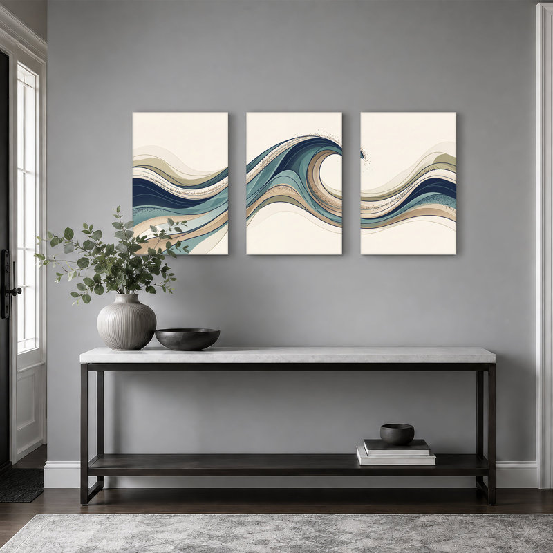 «Blue and Beige Layered Wavy Ocean Stream», ensemble de 3 toiles murales, H 24 po x l 16 po x 3 pièces