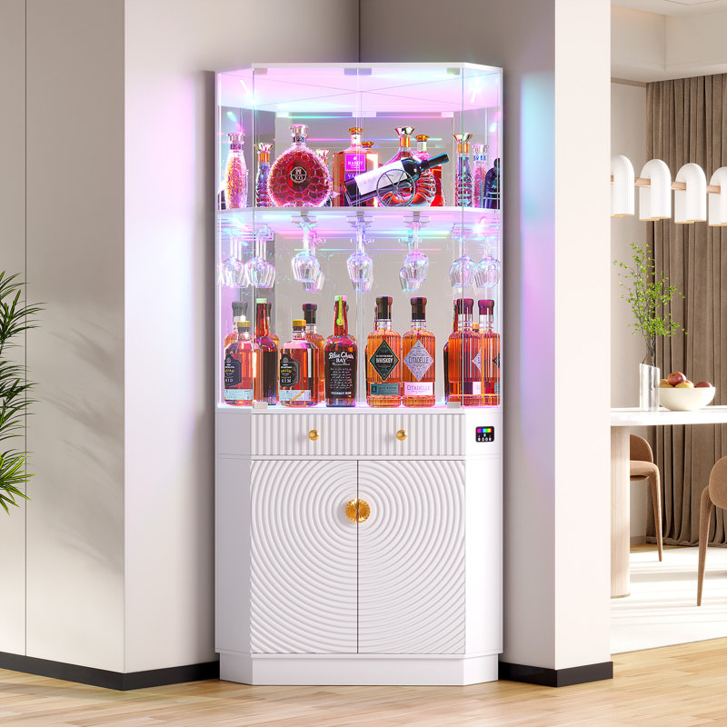 Corner Display Cabinet with Human Body Sensor RGB Lights, Wine Cabinet Liquor Stand with Glass Holder, White