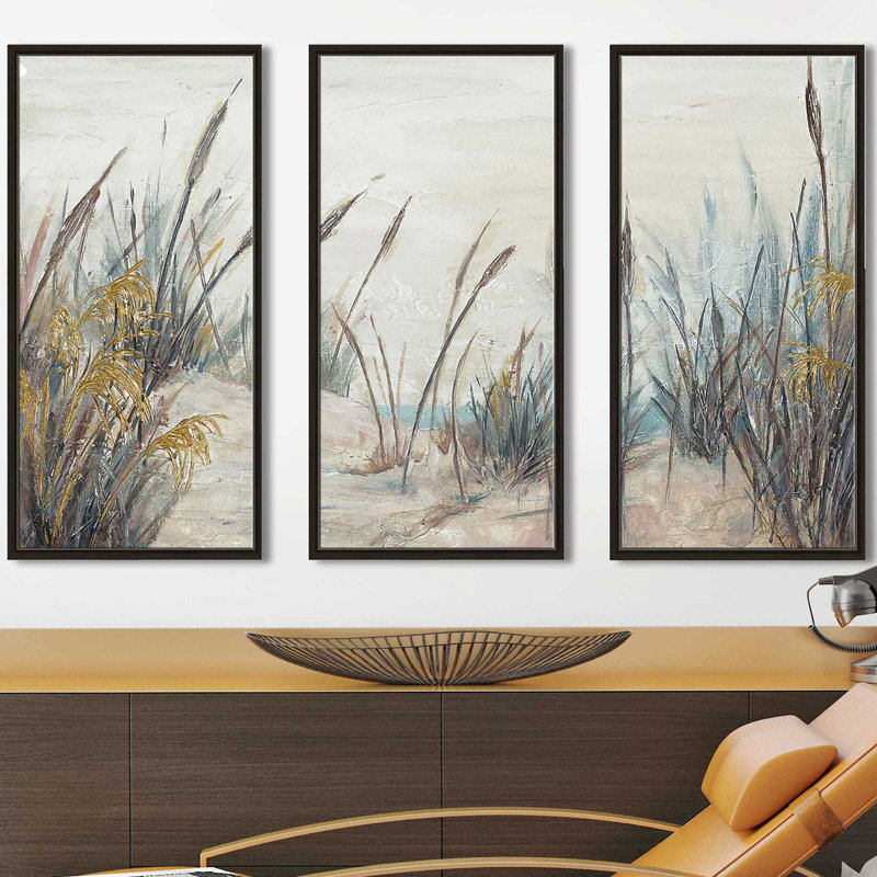 Tall Beach Grass - 3 pièces, peinture sur toile à cadre flottant, L 52,5 po x H 33,5 po