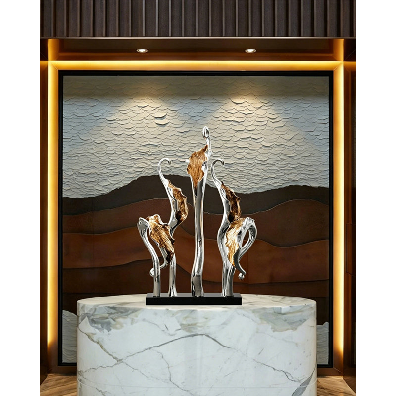 Sculpture moderne en résine abstraite, finition argentée et dorée, décor de table contemporain