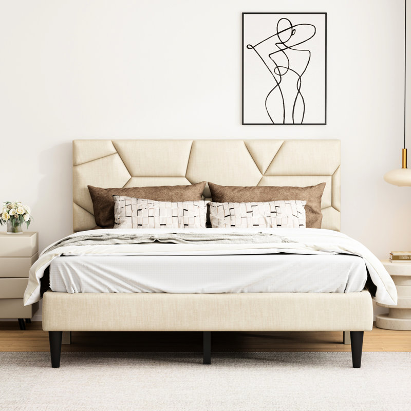 Structure de lit pour grand lit beige - solide, sans sommier tapissier, avec ressorts de bruit et d'assemblage dans un espace de rangement stable et antidérapant