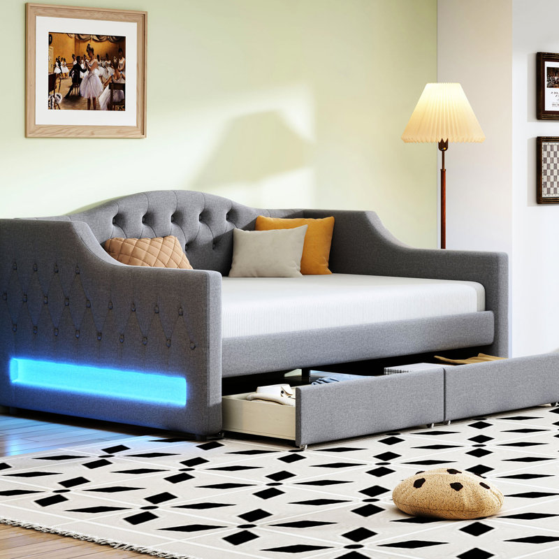 Gray Upholstered Twin Xl Daybed With Led On Both Sides, 2 Drawers, And Linen - Covered Elegant Bedroom Look Featuring Padded For Comfortable Rest