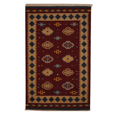 Tapis oriental en laine tissé à plat à la main rouge / noir / beige Kilim