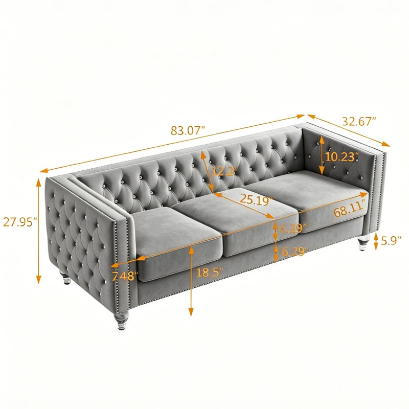 Canapé 83 po en velours, siège à 3 places, canapé à accoudoirs carrés avec 2 coussins, Gris