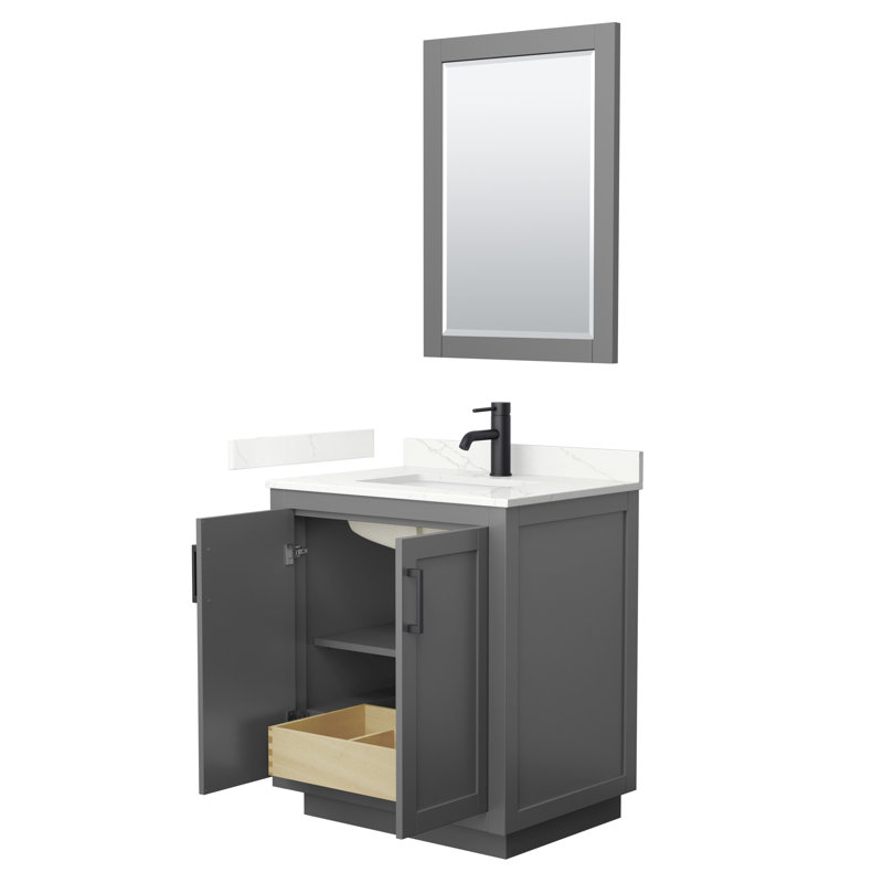 Miranda 30" Freestanding Single Bathroom Vanity with Quartz Top with 24" Mirror, Giotto Quartz, Dark Grey, Matte Black