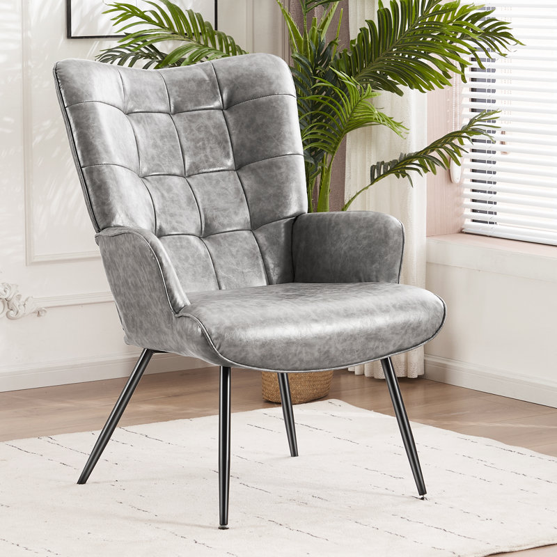 Shaftsbury Tufted Wingback Chair, Gray Faux Leather, Black