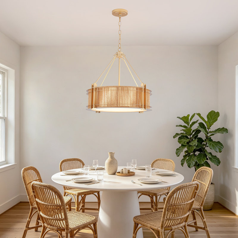 20.5" Woven Rattan Modern Drum Chandelier, Gold with Rattan