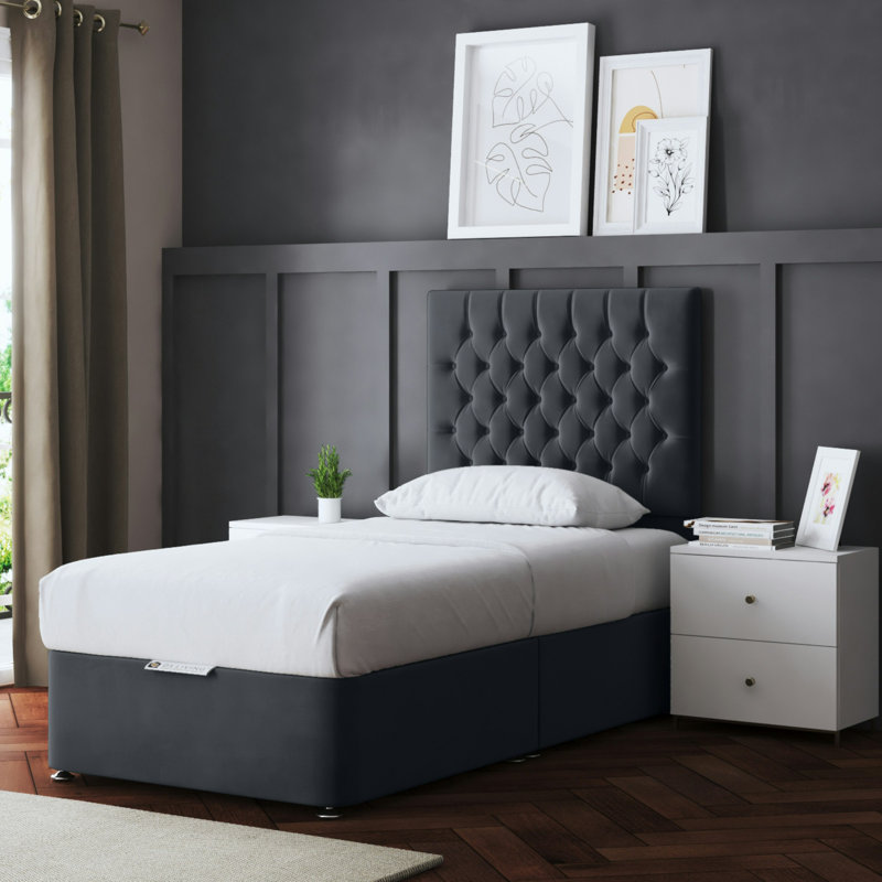 Seraphine Chesterfield 2 Draw Divan Bed with Headboard, Single (3'), Grey