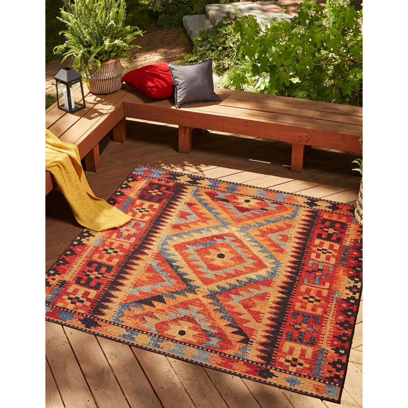 Tapis d'intérieur / extérieur en polypropylène tissé à la machine Lidio - rouge / jaune / bleu, Carré 6 pi