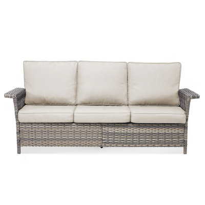 76.7" Wide Outdoor Wicker Patio Sofa, Wide Armrest Outdoor Couch With Beige Cushions For Porch Garden