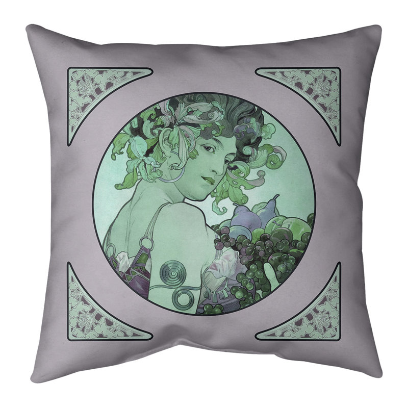 Housse et insert de coussin à motif de fruits Alphonse Mucha, 26 po x 26 po, Bourre en polyester, Vert