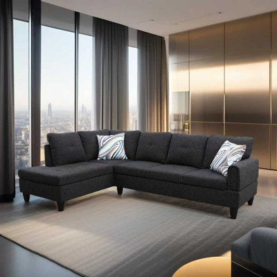 Dark Brown Fluffy Fabric L Shaped Living Room Sofa Set 