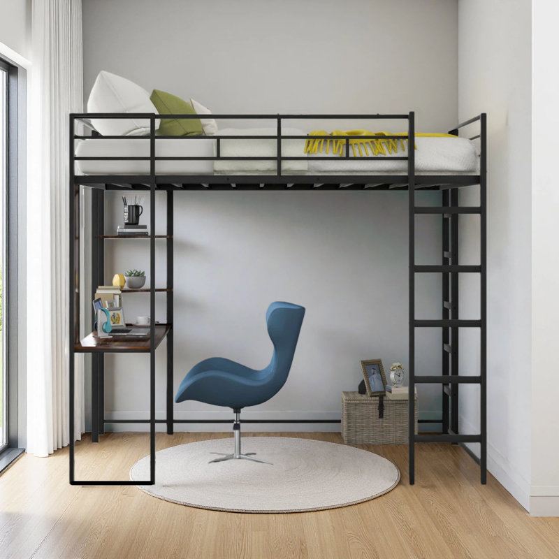 Lit mezzanine double en métal avec 2 tablettes et un bureau, Noir, noir, noir, noir
