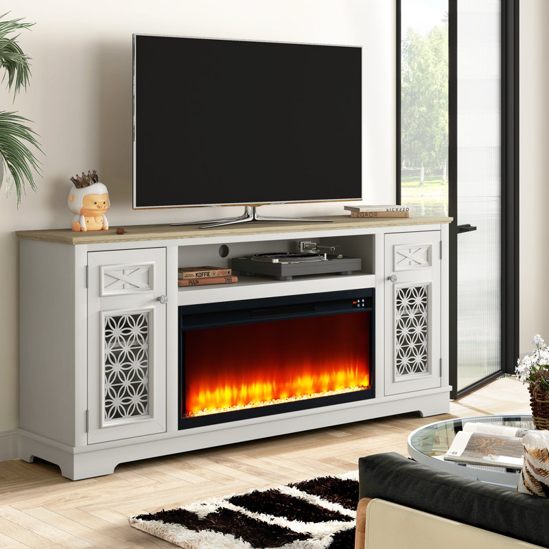 Meuble télé avec foyer, Blanc / Naturel