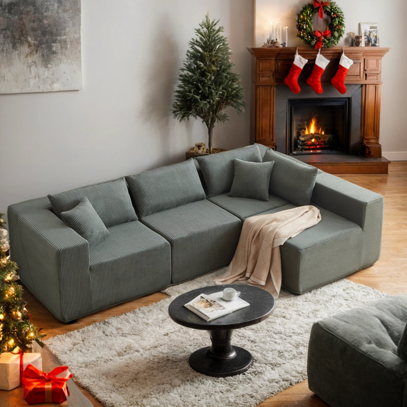 Canapé modulaire rembourré en L 104 po Corduroy, Tissu vert