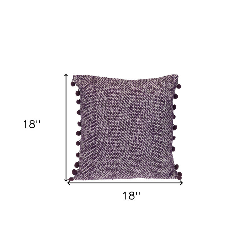 Coussin 18 "en coton tissé mauve et blanc avec pompons