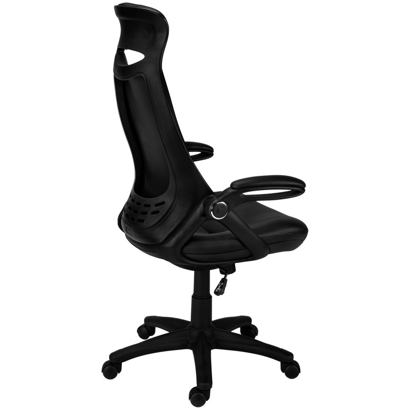 Modern Office Armrest Seat - Ergonomic, Adjustable Height, Swivel, Black Padding Sitting Chair , Leather Look