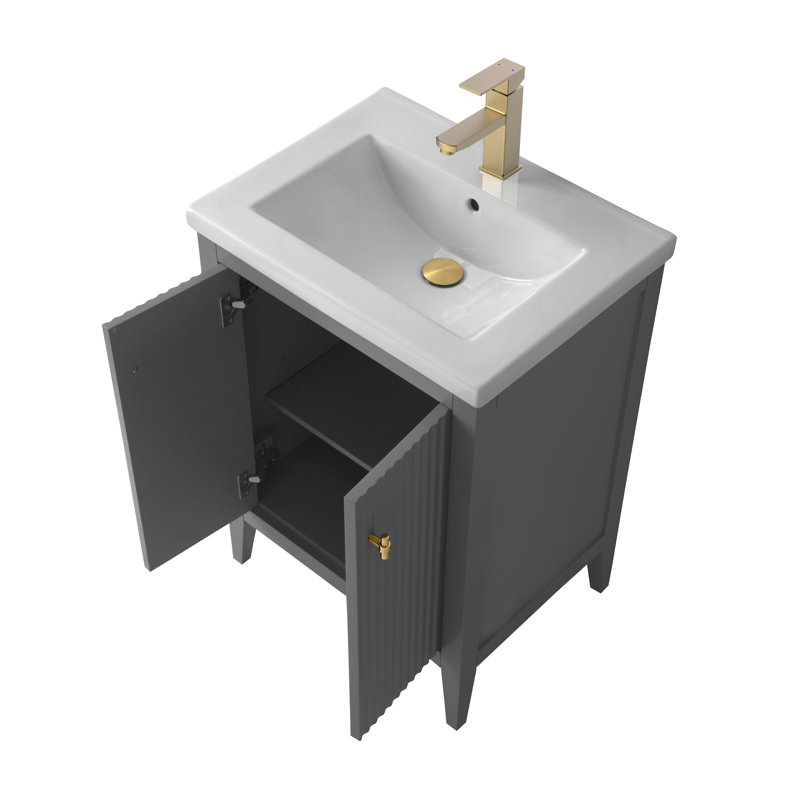 Meuble-lavabo simple pour la salle de bain avec plateau en céramique, Doré brossé, Gris cachemire linéaire, 24"