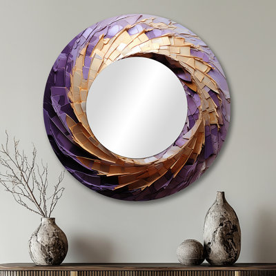 Beige Purple Minimalism Spiral Poteries I - Abstract Spirals Unique Wall Mirror, Modern Round Mirror, Printed Metal Art